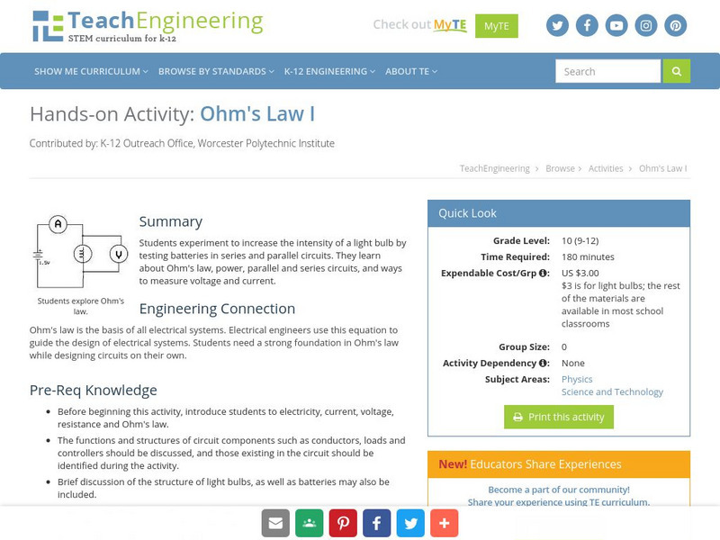 Teach Engineering: Ohm's Law I Activity Teach Engineering: Ohm's Law I Activity