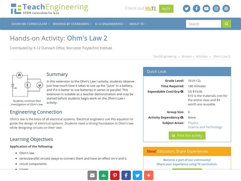 Teach Engineering: Ohm's Law 2 Activity Teach Engineering: Ohm's Law 2 Activity
