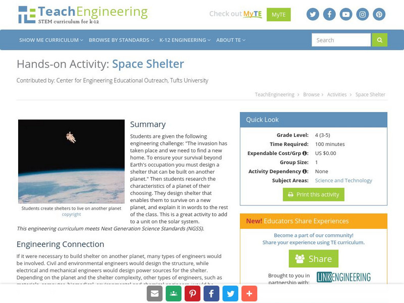 Teach Engineering: Space Shelter Activity Teach Engineering: Space Shelter Activity