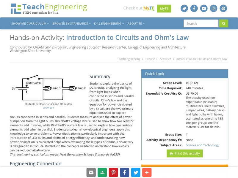 Teach Engineering: Introduction to Circuits and Ohm's Law Activity Teach Engineering: Introduction to Circuits and Ohm's Law Activity