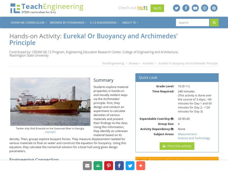 Teach Engineering: Eureka! Or Buoyancy and Archimedes' Principle Activity Teach Engineering: Eureka! Or Buoyancy and Archimedes' Principle Activity