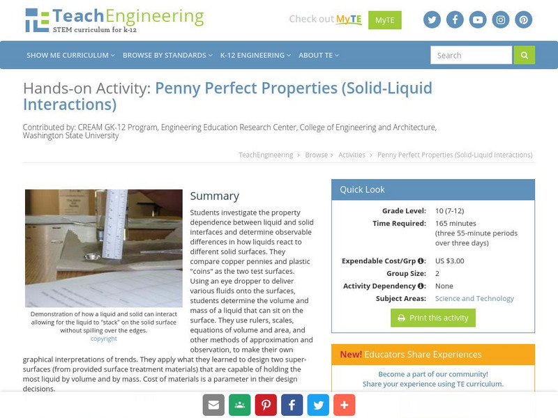 Teach Engineering: Penny Perfect Properties (Solid Liquid Interactions) Activity Teach Engineering: Penny Perfect Properties (Solid Liquid Interactions) Activity