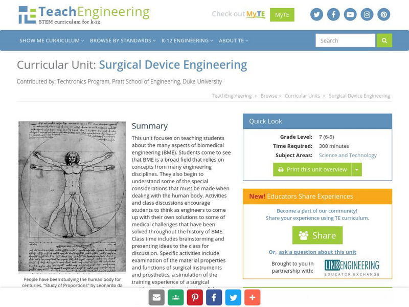 Teach Engineering: Surgical Device Engineering Unit Plan Teach Engineering: Surgical Device Engineering Unit Plan