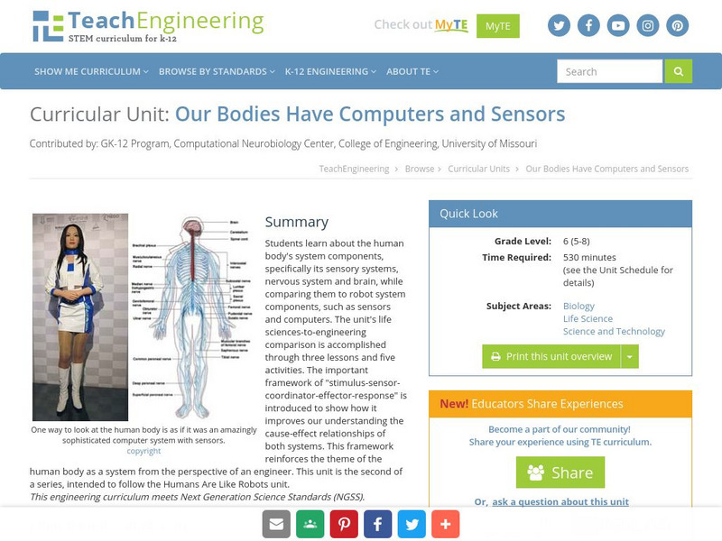Teach Engineering: Our Bodies Have Computers and Sensors Unit Plan