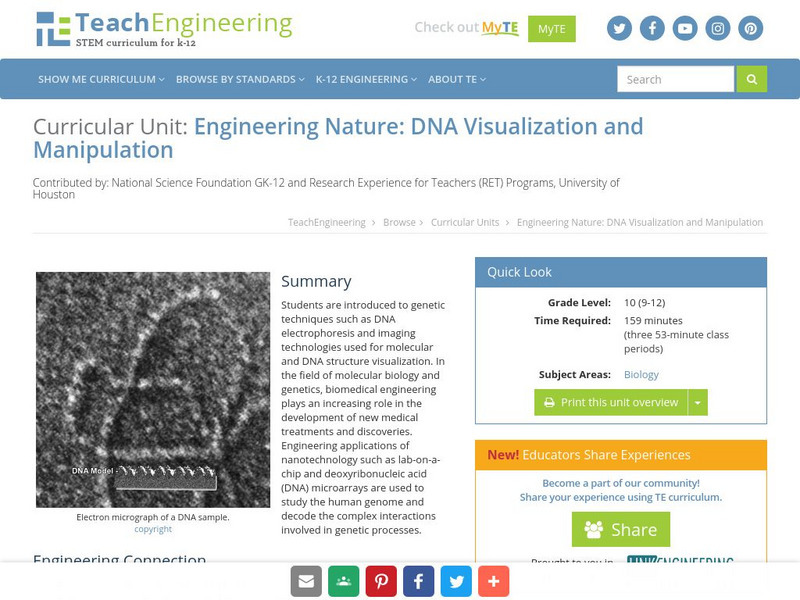 Teach Engineering: Engineering Nature: Dna Visualization and Manipulation Unit Plan Teach Engineering: Engineering Nature: Dna Visualization and Manipulation Unit Plan