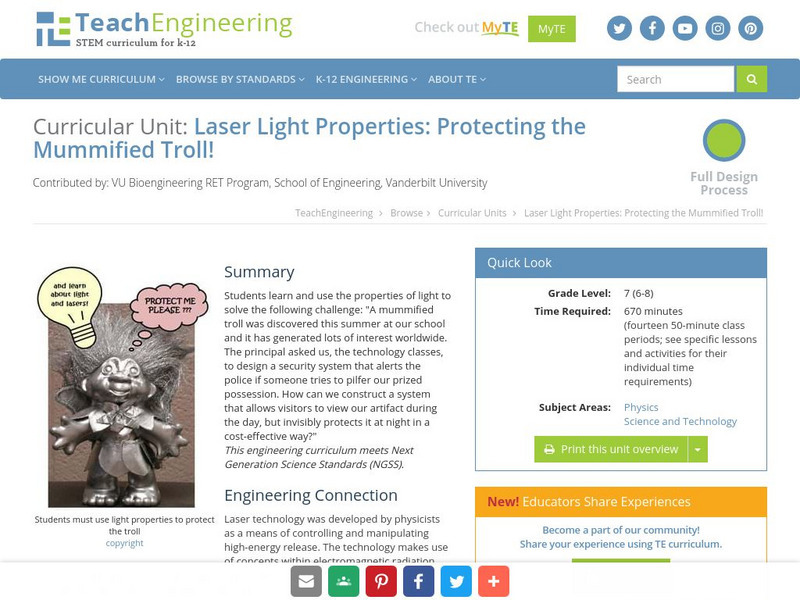 Teach Engineering: Laser Light Properties: Protecting the Mummified Troll! Unit Plan Teach Engineering: Laser Light Properties: Protecting the Mummified Troll! Unit Plan