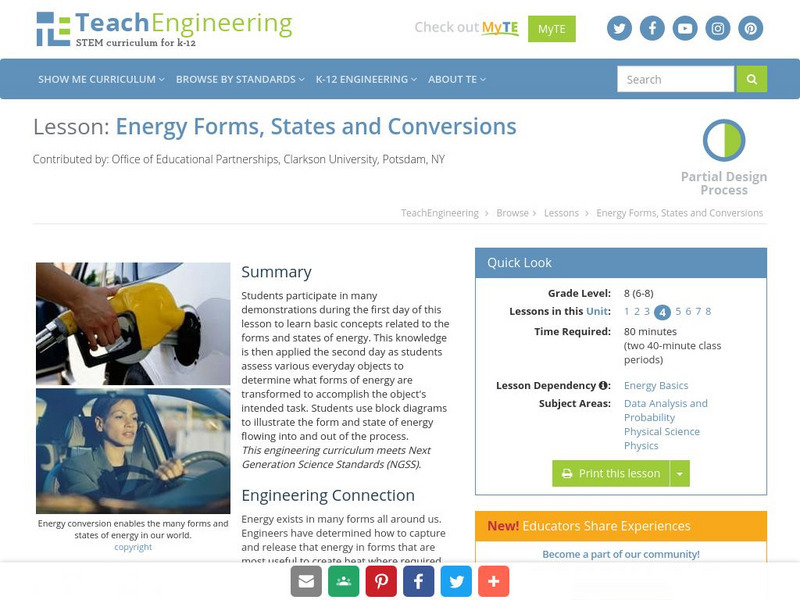 Teach Engineering: Energy Forms, States and Conversions Lesson Plan Teach Engineering: Energy Forms, States and Conversions Lesson Plan