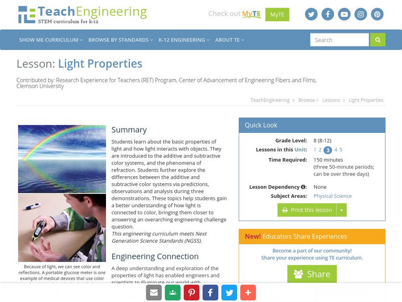 Teach Engineering: Light Properties Lesson Plan Teach Engineering: Light Properties Lesson Plan