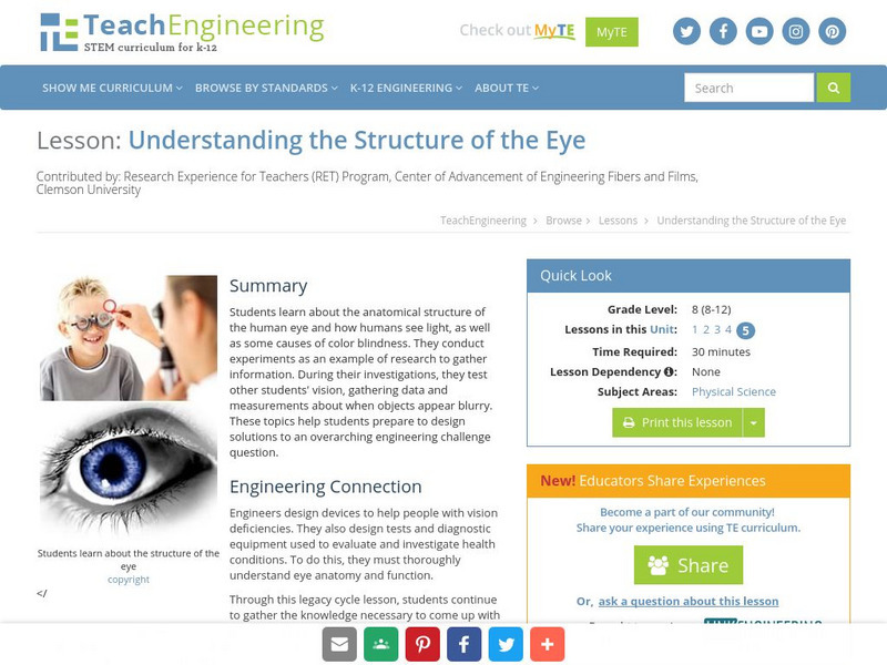 Teach Engineering: Understanding the Structure of the Eye Lesson Plan Teach Engineering: Understanding the Structure of the Eye Lesson Plan