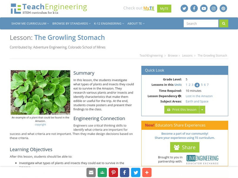 Teach Engineering: The Growling Stomach Lesson Plan Teach Engineering: The Growling Stomach Lesson Plan