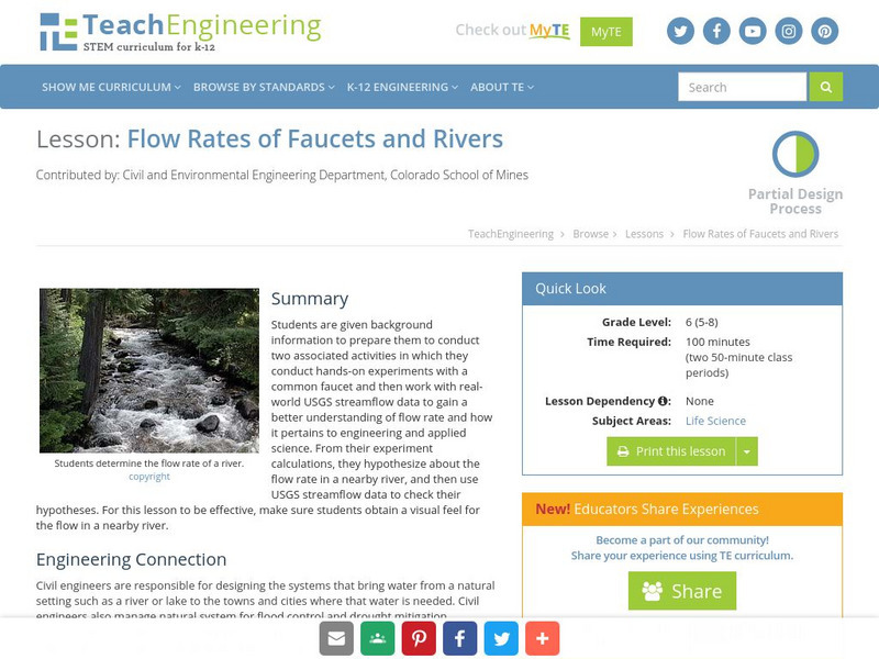 Teach Engineering: Flow Rates of Faucets and Rivers Lesson Plan Teach Engineering: Flow Rates of Faucets and Rivers Lesson Plan