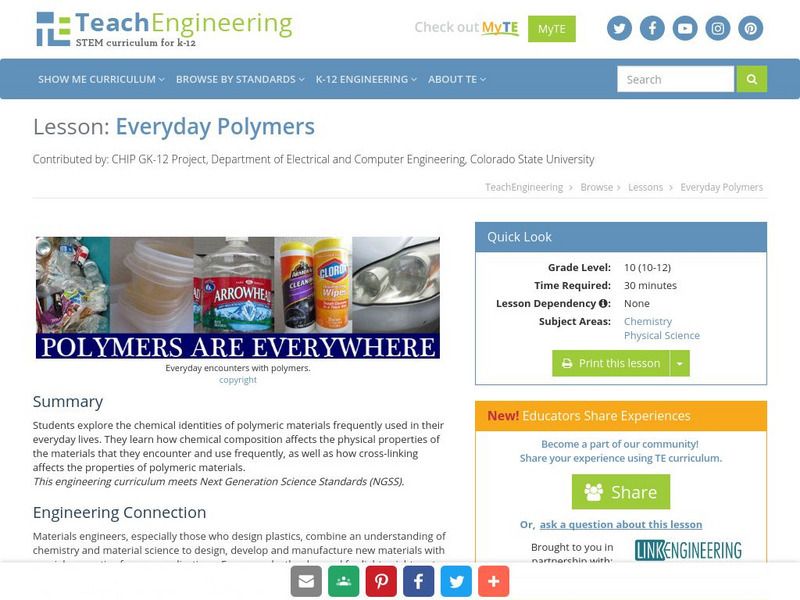 Teach Engineering: Everyday Polymers Lesson Plan Teach Engineering: Everyday Polymers Lesson Plan