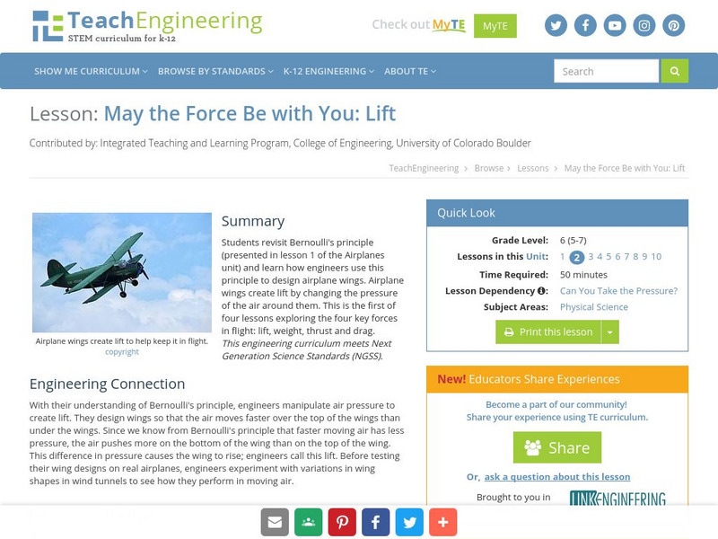 Teach Engineering: May the Force Be With You: Lift Lesson Plan Teach Engineering: May the Force Be With You: Lift Lesson Plan