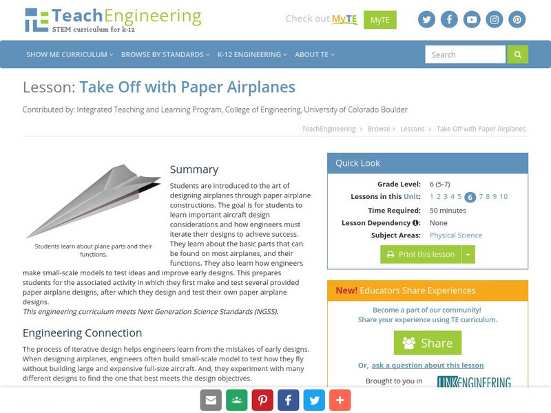 Teach Engineering: Take Off With Paper Airplanes Lesson Plan Teach Engineering: Take Off With Paper Airplanes Lesson Plan