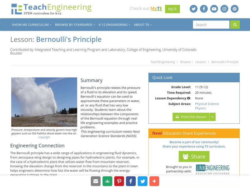 Teach Engineering: Bernoulli's Principle Lesson Plan Teach Engineering: Bernoulli's Principle Lesson Plan
