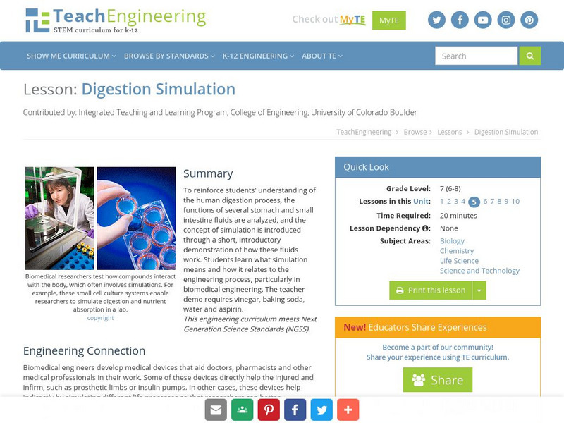 Teach Engineering: Digestion Simulation Lesson Plan