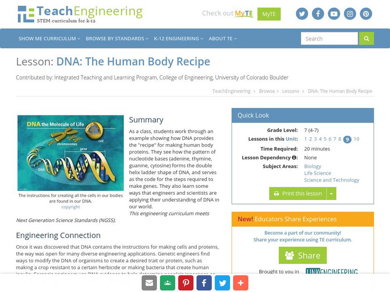 Teach Engineering: Dna: The Human Body Recipe Lesson Plan Teach Engineering: Dna: The Human Body Recipe Lesson Plan