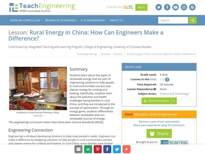 Teach Engineering: Rural Energy in China: How Can Engineers Make a Difference? Lesson Plan Teach Engineering: Rural Energy in China: How Can Engineers Make a Difference? Lesson Plan