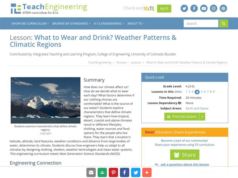Teach Engineering: What to Wear? What to Drink? Weather Patterns and Climatic R Lesson Plan Teach Engineering: What to Wear? What to Drink? Weather Patterns and Climatic R Lesson Plan