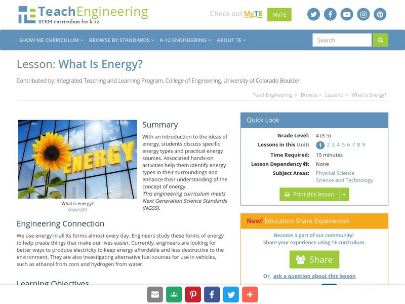 Teach Engineering: What Is Energy? Lesson Plan Teach Engineering: What Is Energy? Lesson Plan