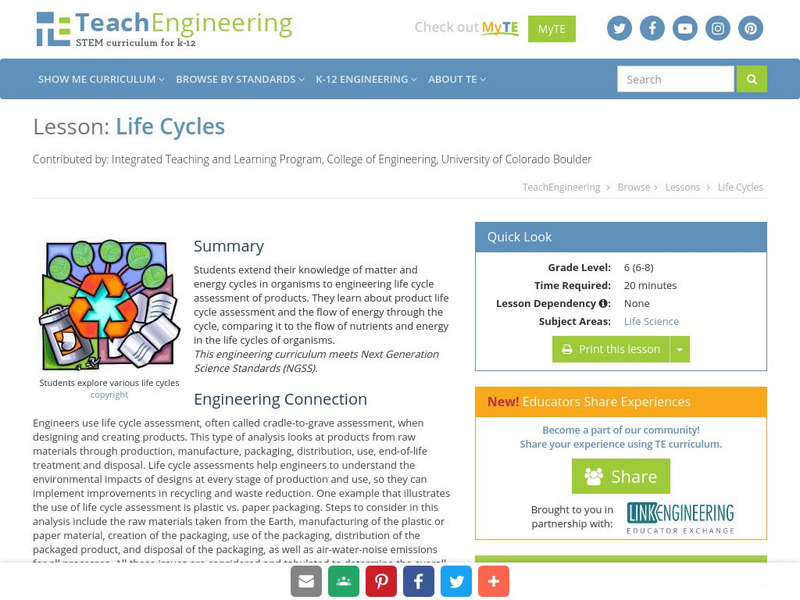 Teach Engineering: Life Cycles Lesson Plan Teach Engineering: Life Cycles Lesson Plan