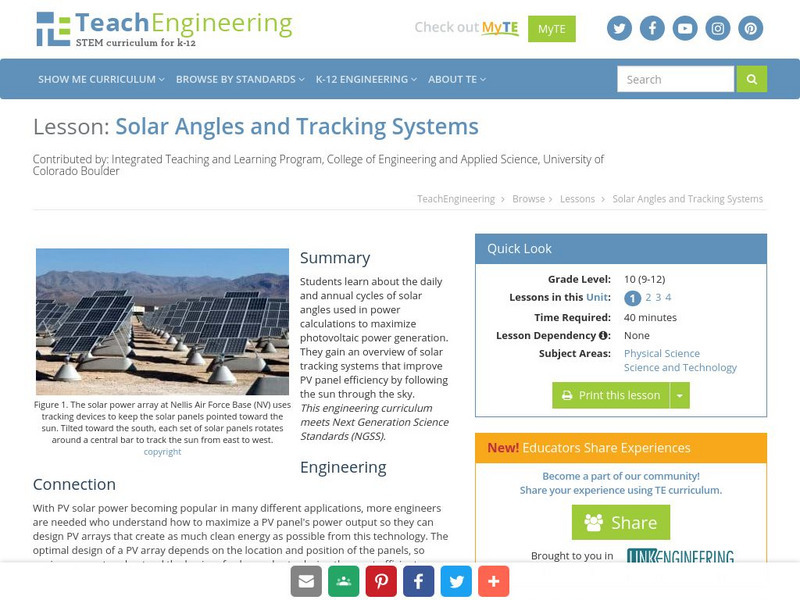 Teach Engineering: Solar Angles and Tracking Systems Lesson Plan Teach Engineering: Solar Angles and Tracking Systems Lesson Plan