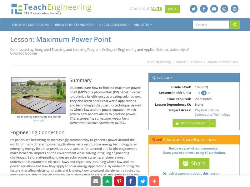 Teach Engineering: Maximum Power Point Lesson Plan