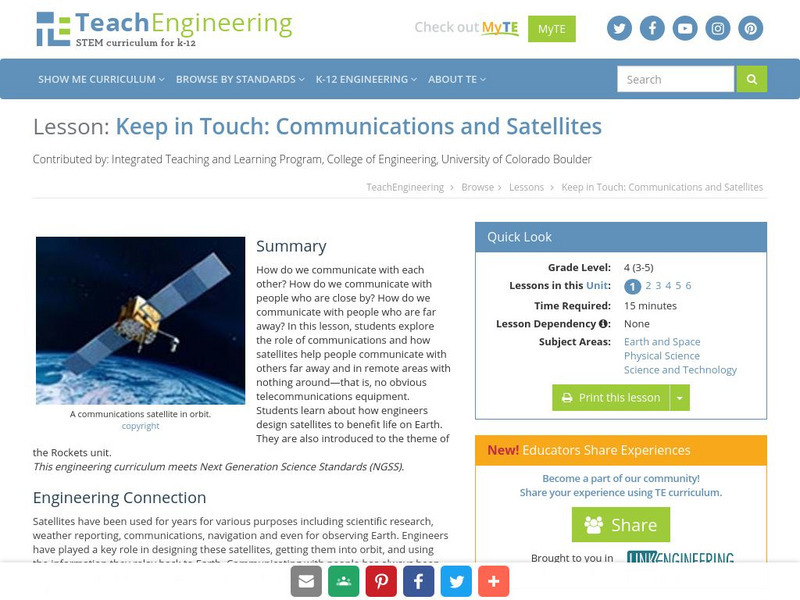 Teach Engineering: Keep in Touch: Communications and Satellites Lesson Plan Teach Engineering: Keep in Touch: Communications and Satellites Lesson Plan