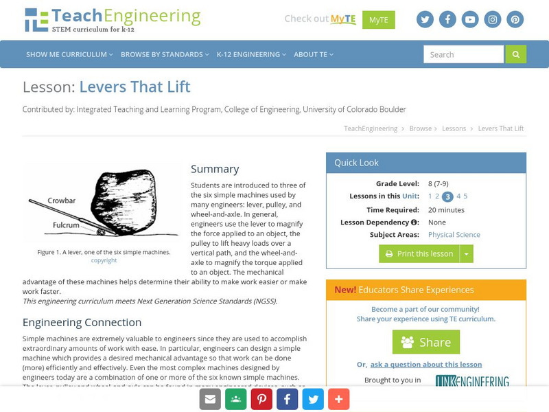 Teach Engineering: Levers That Lift Lesson Plan Teach Engineering: Levers That Lift Lesson Plan