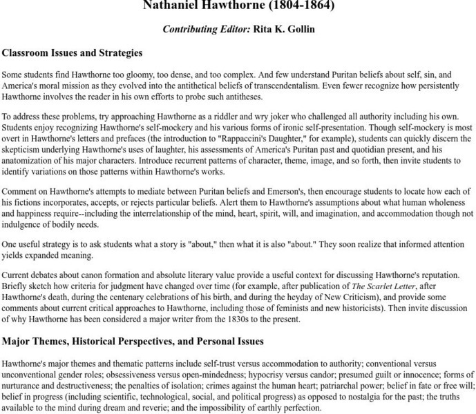 Georgetown University: Nathaniel Hawthorne (1804 1864) Unit Plan Georgetown University: Nathaniel Hawthorne (1804 1864) Unit Plan