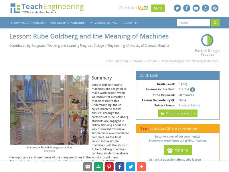 Teach Engineering: Rube Goldberg and the Meaning of Machines Lesson Plan Teach Engineering: Rube Goldberg and the Meaning of Machines Lesson Plan