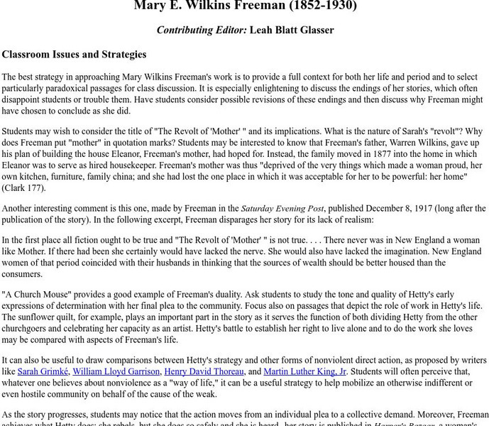 Georgetown University: Mary E. Wilkins Freeman (1852 1930) Unit Plan Georgetown University: Mary E. Wilkins Freeman (1852 1930) Unit Plan