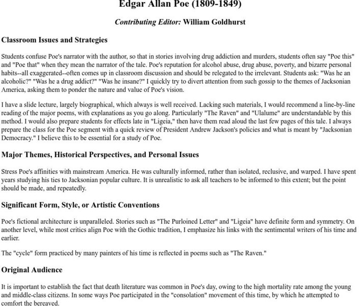 Georgetown University: Edgar Allan Poe (1809 1849) Unit Plan Georgetown University: Edgar Allan Poe (1809 1849) Unit Plan
