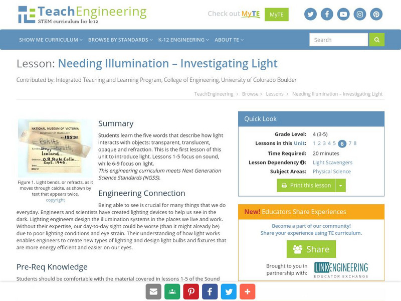 Teach Engineering: Needing Illumination: Investigating Light Lesson Plan Teach Engineering: Needing Illumination: Investigating Light Lesson Plan
