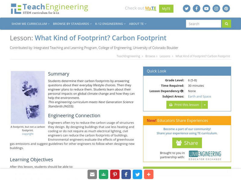 Teach Engineering: What Kind of Footprint? Carbon Footprint Lesson Plan Teach Engineering: What Kind of Footprint? Carbon Footprint Lesson Plan