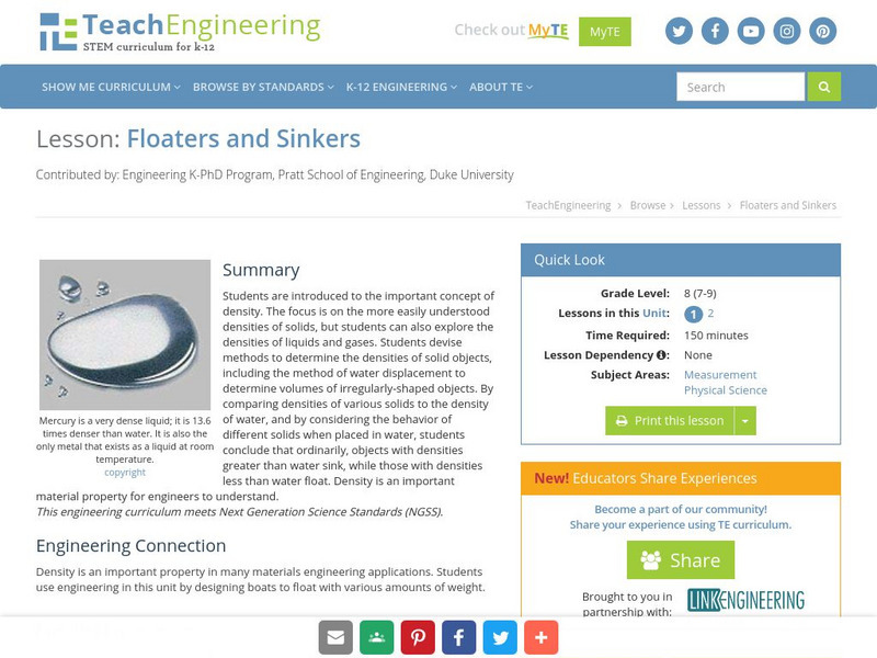 Teach Engineering: Floaters and Sinkers Lesson Plan Teach Engineering: Floaters and Sinkers Lesson Plan