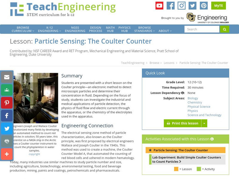 Teach Engineering: Particle Sensing: The Coulter Counter Lesson Plan