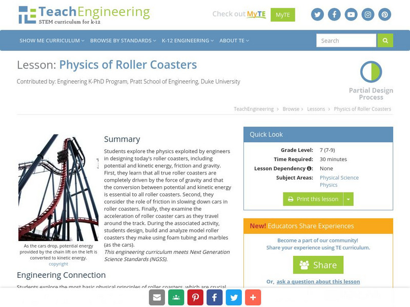 Teach Engineering: Physics of Roller Coasters Lesson Plan Teach Engineering: Physics of Roller Coasters Lesson Plan