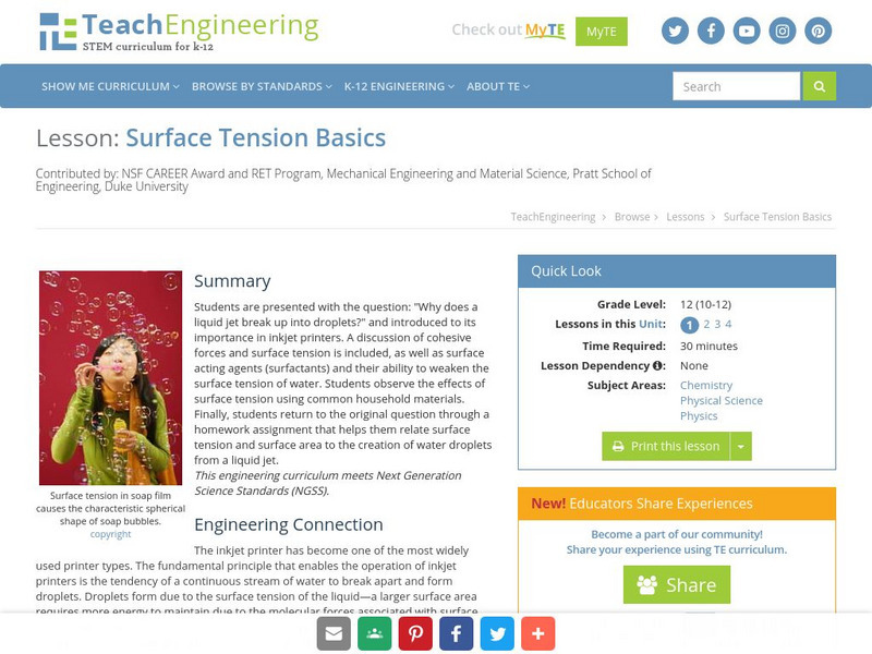 Teach Engineering: Surface Tension Basics Lesson Plan Teach Engineering: Surface Tension Basics Lesson Plan