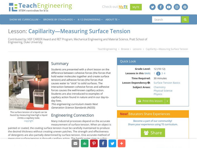 Teach Engineering: Capillarity Measuring Surface Tension Lesson Plan Teach Engineering: Capillarity Measuring Surface Tension Lesson Plan