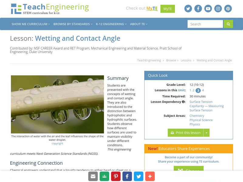 Teach Engineering: Wetting and Contact Angle Lesson Plan Teach Engineering: Wetting and Contact Angle Lesson Plan