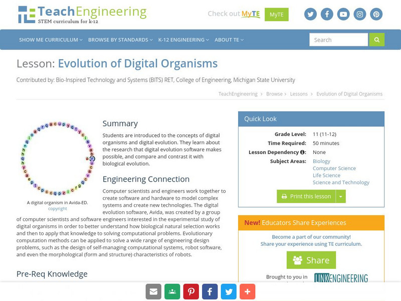 Teach Engineering: Evolution of Digital Organisms Lesson Plan Teach Engineering: Evolution of Digital Organisms Lesson Plan