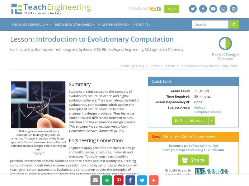 Teach Engineering: Introduction to Evolutionary Computation Lesson Plan Teach Engineering: Introduction to Evolutionary Computation Lesson Plan