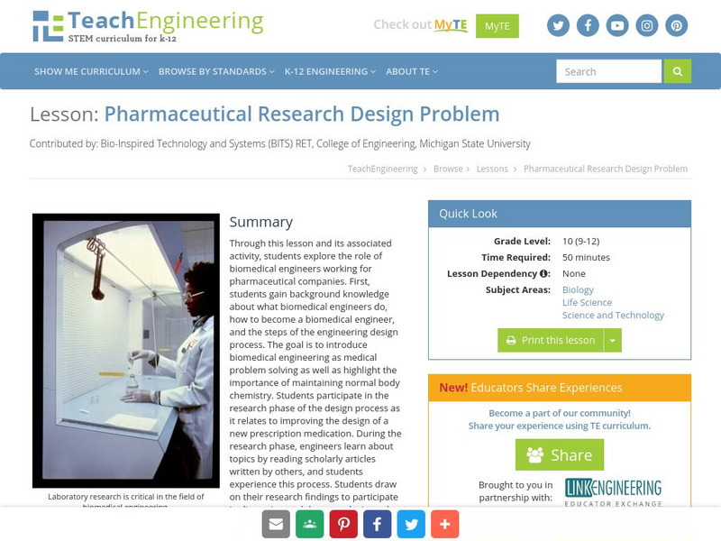 Teach Engineering: Pharmaceutical Research Design Problem Lesson Plan Teach Engineering: Pharmaceutical Research Design Problem Lesson Plan
