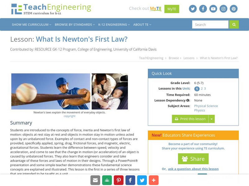 Teach Engineering: What Is Newton's First Law? Lesson Plan Teach Engineering: What Is Newton's First Law? Lesson Plan
