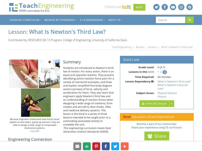 Teach Engineering: What Is Newton's Third Law? Lesson Plan Teach Engineering: What Is Newton's Third Law? Lesson Plan