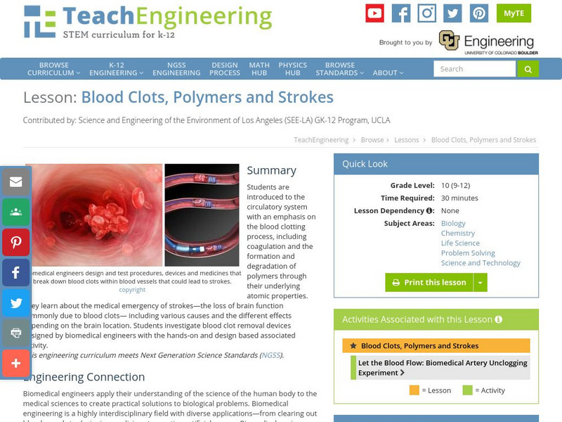 Teach Engineering: Blood Clots, Polymers and Strokes Lesson Plan Teach Engineering: Blood Clots, Polymers and Strokes Lesson Plan