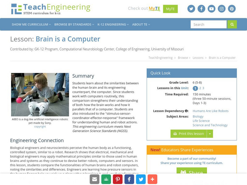 Teach Engineering: Brain Is a Computer Lesson Plan Teach Engineering: Brain Is a Computer Lesson Plan