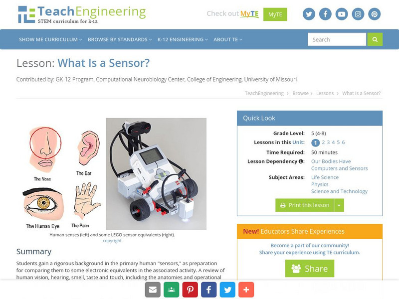 Teach Engineering: What Is a Sensor? Lesson Plan