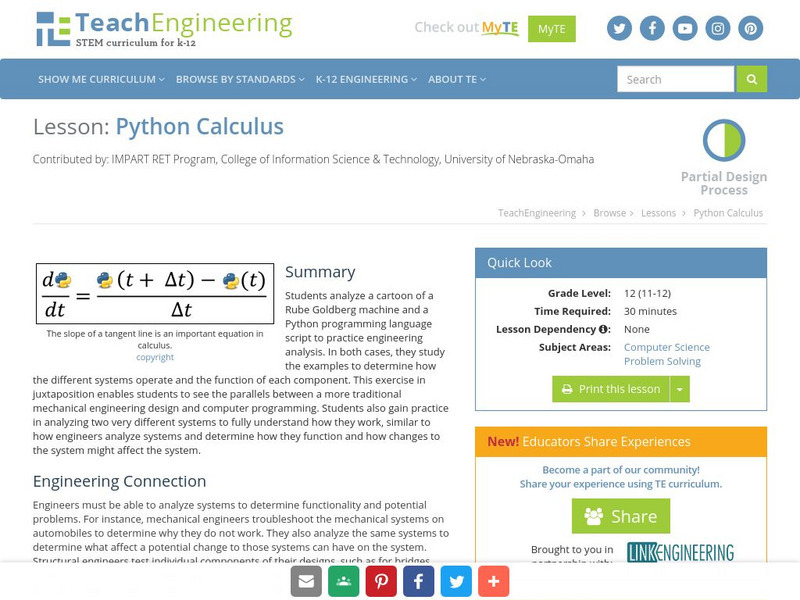 Teach Engineering: Python Calculus Lesson Plan for 11th - 12th Grade ...